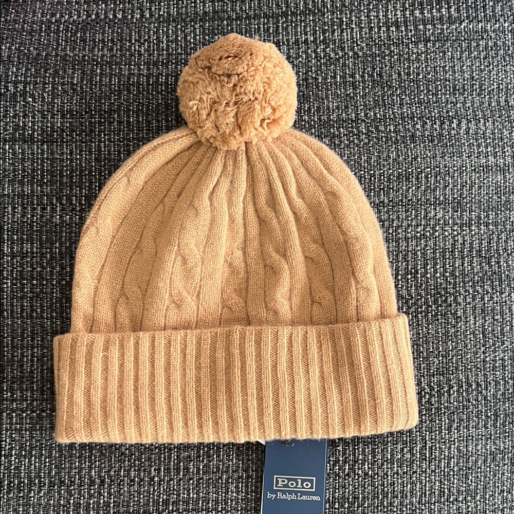 Polo by Ralph Lauren Tan Cable-Knit Pom Beanie